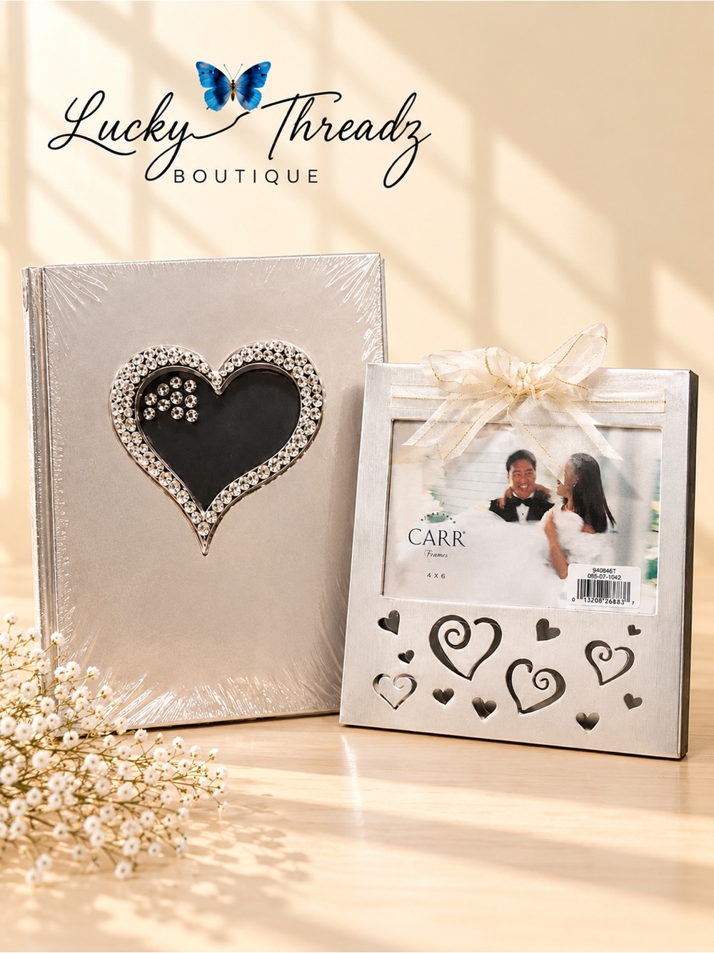 Silver Rhinestone Heart Photo Album & 4x6 Picture Frame Gift Set NWT Wedding